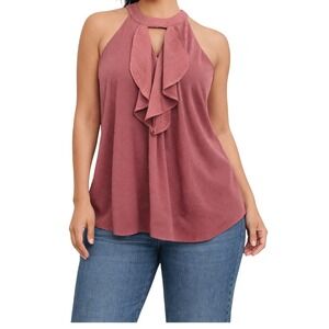 BCX Womens Swiss Dot Ruffle Halter Top Mauve Pink Keyhole Blouse XL